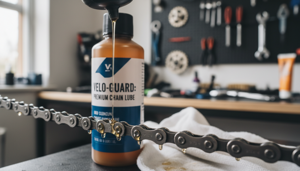 A close-up view of a bicycle chain being meticulously lubricated with high-quality chain oil. In the foreground, focus on a well-maintained chain glistening with fresh oil, droplets reflecting light. The middle ground features an open bottle of premium chain oil, with the label visible, and a clean rag nearby, emphasizing the cleaning process. The background shows a blurred workshop environment filled with tools and bike parts, creating an industrious atmosphere. Soft, natural lighting enhances the features of the chain and oil, while a slight depth of field effect draws attention to the main subject. The overall mood is professional and informative, ideal for illustrating the selection of bicycle chain oil. A close-up view of a bicycle chain being meticulously lubricated with high-quality chain oil. In the foreground, focus on a well-maintained chain glistening with fresh oil, droplets reflecting light. The middle ground features an open bottle of premium chain oil, with the label visible, and a clean rag nearby, emphasizing the cleaning process. The background shows a blurred workshop environment filled with tools and bike parts, creating an industrious atmosphere. Soft, natural lighting enhances the features of the chain and oil, while a slight depth of field effect draws attention to the main subject. The overall mood is professional and informative, ideal for illustrating the selection of bicycle chain oil.
