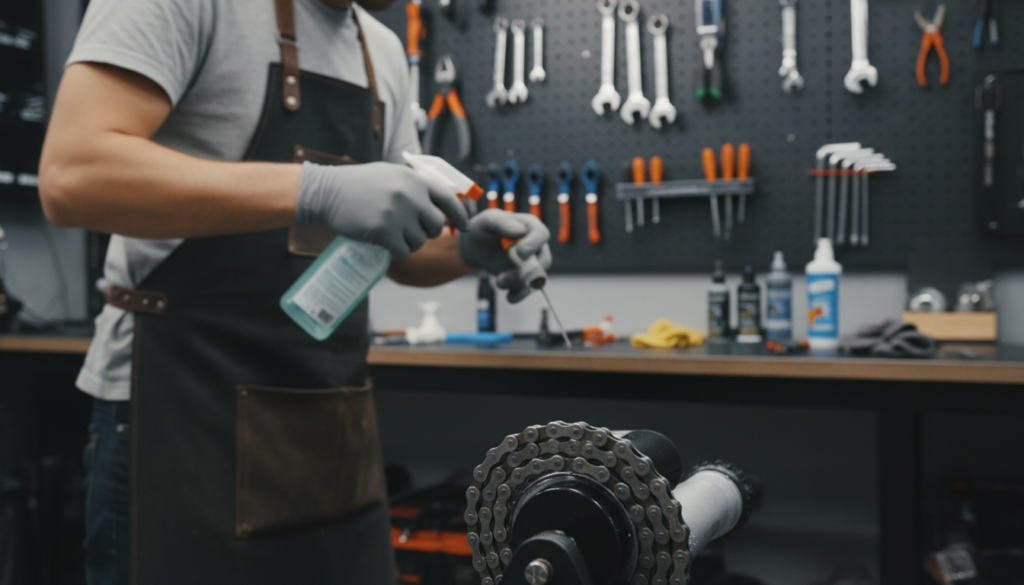 An elegantly arranged bicycle chain being meticulously cleaned with a chain cleaner, situated prominently in the foreground. The chain glistens under soft, diffused lighting, highlighting its metallic texture and smooth links. In the middle ground, a technician in professional casual attire carefully holds a brush and a spray cleaner, focusing on the chain with attention to detail. The background features a well-organized workshop with bike maintenance tools hanging on the walls, dark surfaces contrasting with the shiny chain. The atmosphere conveys professionalism and diligence, ideal for thorough bicycle care. The scene is captured from a slightly low angle, enhancing depth and perspective. An elegantly arranged bicycle chain being meticulously cleaned with a chain cleaner, situated prominently in the foreground. The chain glistens under soft, diffused lighting, highlighting its metallic texture and smooth links. In the middle ground, a technician in professional casual attire carefully holds a brush and a spray cleaner, focusing on the chain with attention to detail. The background features a well-organized workshop with bike maintenance tools hanging on the walls, dark surfaces contrasting with the shiny chain. The atmosphere conveys professionalism and diligence, ideal for thorough bicycle care. The scene is captured from a slightly low angle, enhancing depth and perspective.